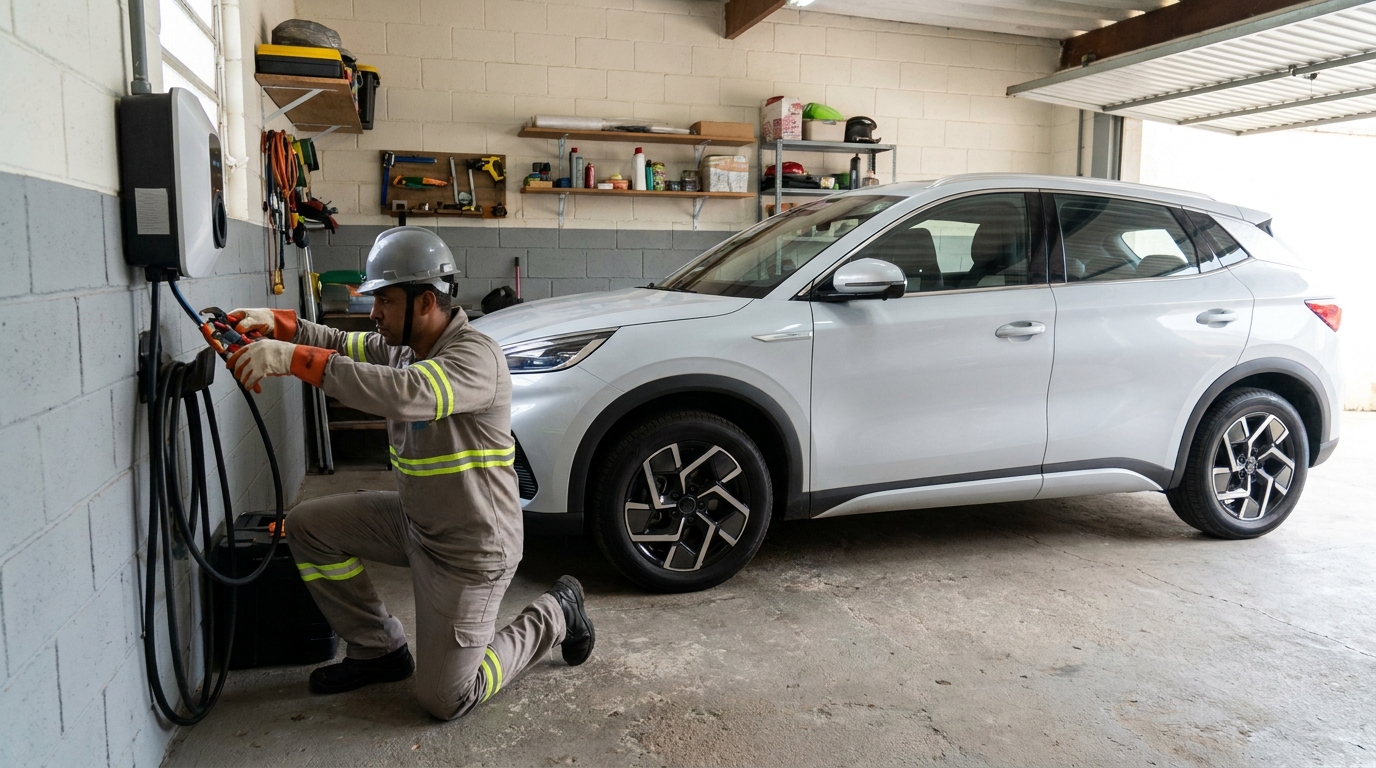 Eletricista instalando carregador de carro eletrico em Ribeirão Preto‑SP