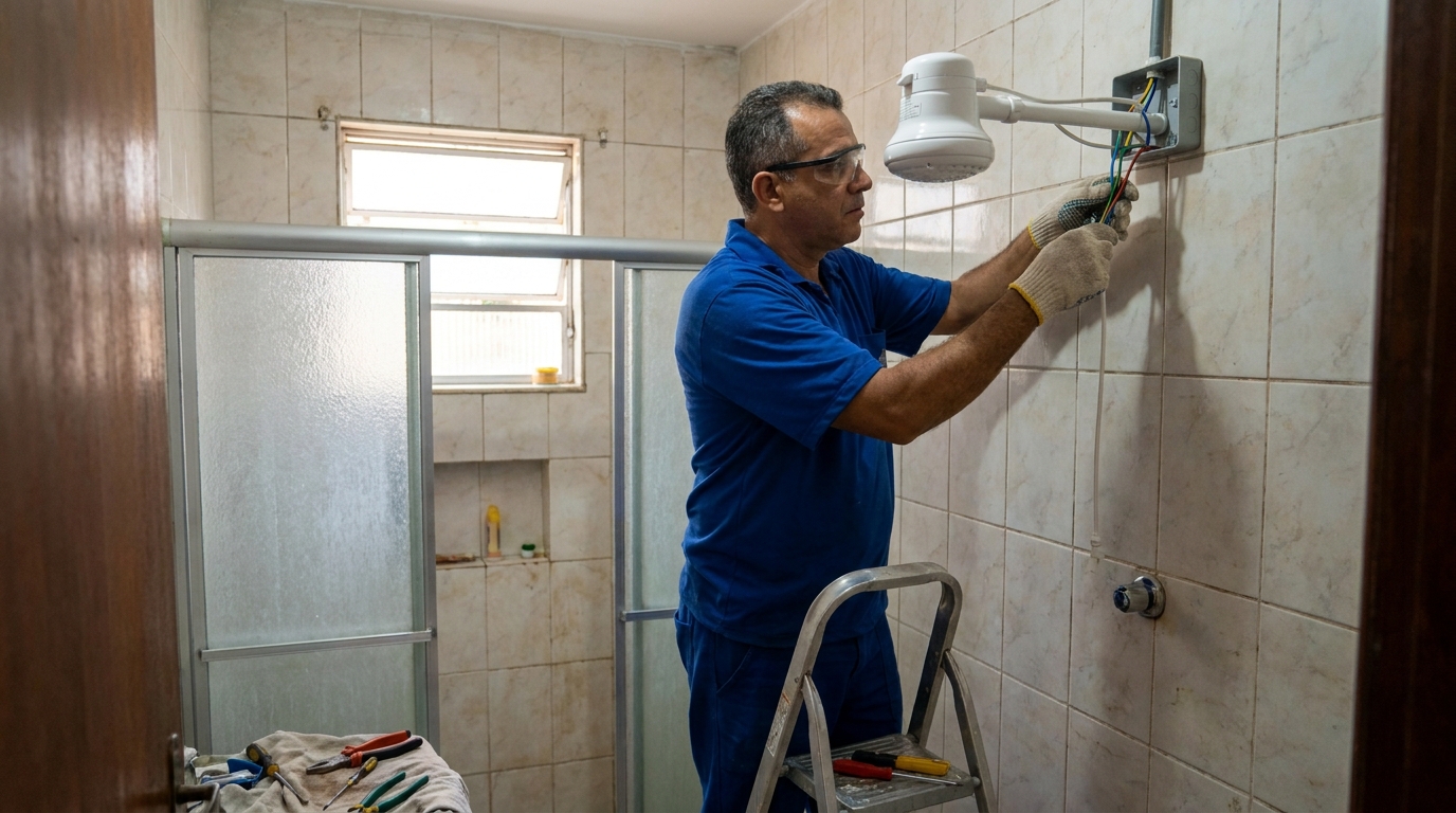 Eletricista instalando chuveiro eletrico em Ribeirão Preto‑SP